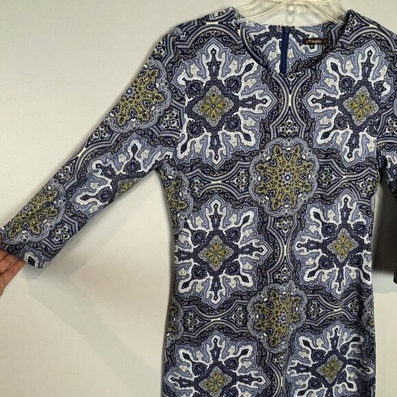 J McLaughlin Dress Blue Print Size Small 3/4 Sleeves - Picture 2 of 9